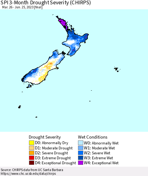 New Zealand SPI 3-Month Drought Severity (CHIRPS) Thematic Map For 3/26/2023 - 6/25/2023