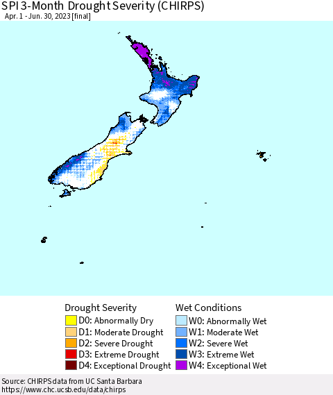 New Zealand SPI 3-Month Drought Severity (CHIRPS) Thematic Map For 4/1/2023 - 6/30/2023