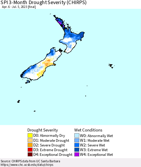 New Zealand SPI 3-Month Drought Severity (CHIRPS) Thematic Map For 4/6/2023 - 7/5/2023