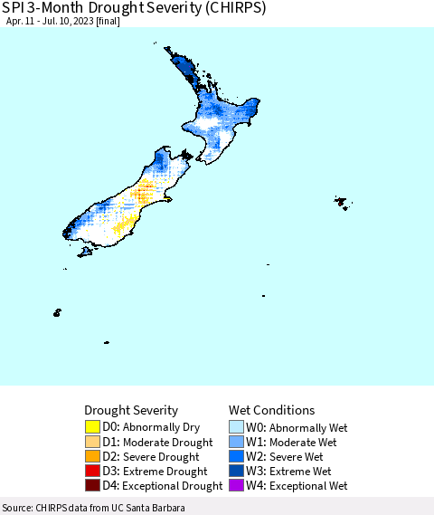 New Zealand SPI 3-Month Drought Severity (CHIRPS) Thematic Map For 4/11/2023 - 7/10/2023