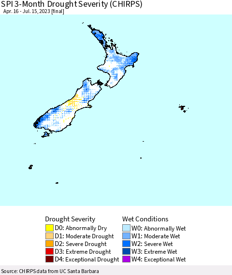 New Zealand SPI 3-Month Drought Severity (CHIRPS) Thematic Map For 4/16/2023 - 7/15/2023