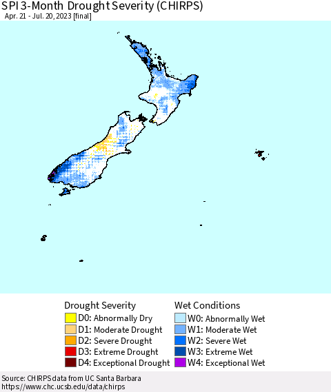 New Zealand SPI 3-Month Drought Severity (CHIRPS) Thematic Map For 4/21/2023 - 7/20/2023