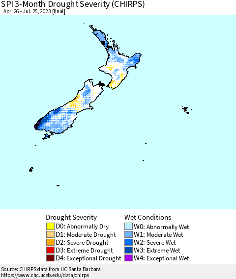 New Zealand SPI 3-Month Drought Severity (CHIRPS) Thematic Map For 4/26/2023 - 7/25/2023
