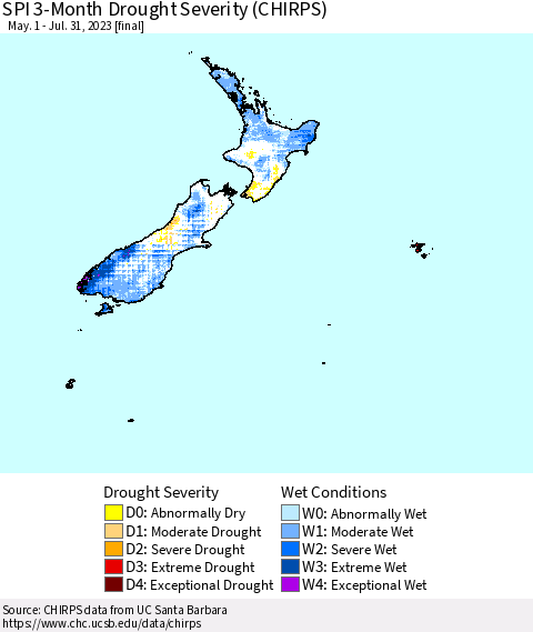 New Zealand SPI 3-Month Drought Severity (CHIRPS) Thematic Map For 5/1/2023 - 7/31/2023