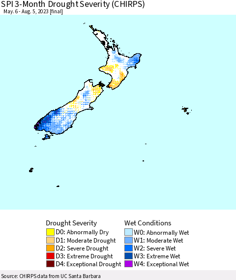 New Zealand SPI 3-Month Drought Severity (CHIRPS) Thematic Map For 5/6/2023 - 8/5/2023
