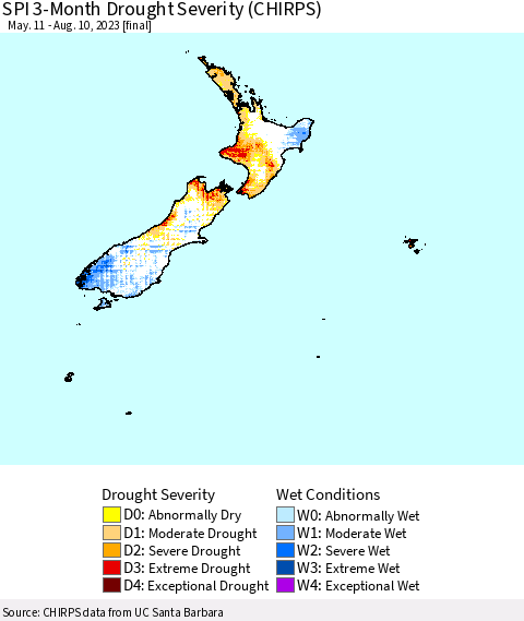 New Zealand SPI 3-Month Drought Severity (CHIRPS) Thematic Map For 5/11/2023 - 8/10/2023