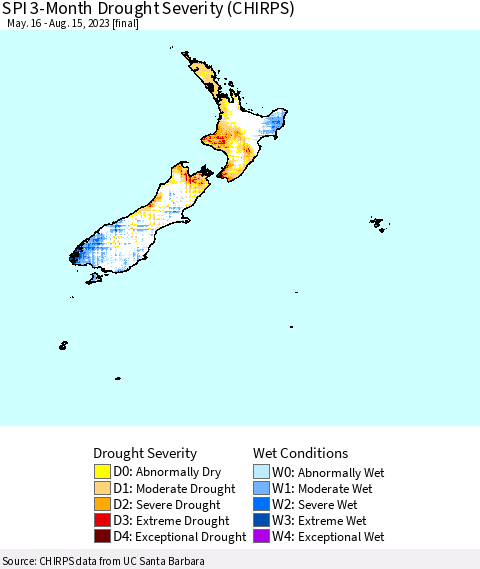 New Zealand SPI 3-Month Drought Severity (CHIRPS) Thematic Map For 5/16/2023 - 8/15/2023