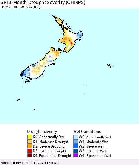 New Zealand SPI 3-Month Drought Severity (CHIRPS) Thematic Map For 5/21/2023 - 8/20/2023