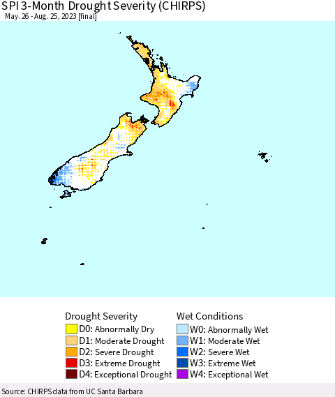 New Zealand SPI 3-Month Drought Severity (CHIRPS) Thematic Map For 5/26/2023 - 8/25/2023