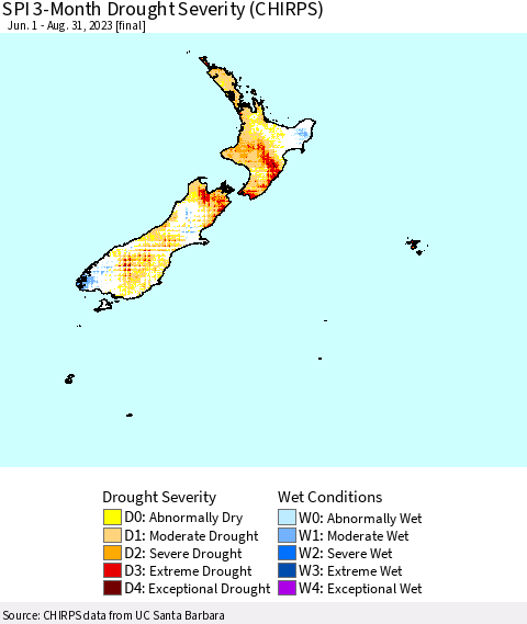 New Zealand SPI 3-Month Drought Severity (CHIRPS) Thematic Map For 6/1/2023 - 8/31/2023