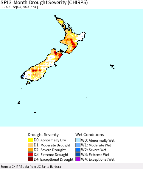 New Zealand SPI 3-Month Drought Severity (CHIRPS) Thematic Map For 6/6/2023 - 9/5/2023