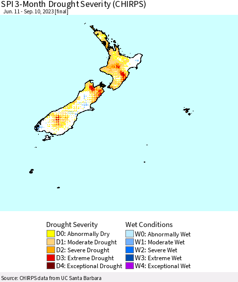 New Zealand SPI 3-Month Drought Severity (CHIRPS) Thematic Map For 6/11/2023 - 9/10/2023
