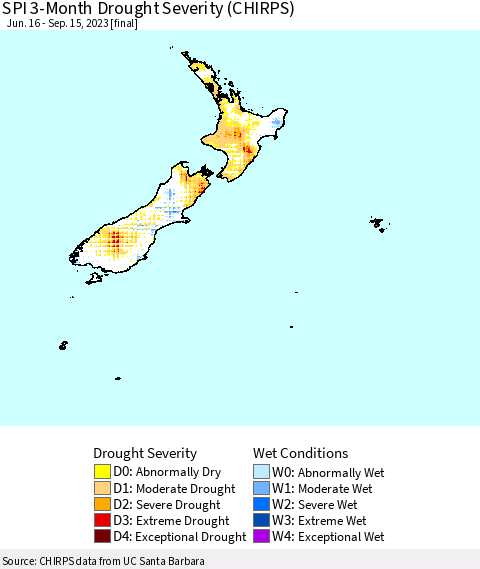 New Zealand SPI 3-Month Drought Severity (CHIRPS) Thematic Map For 6/16/2023 - 9/15/2023