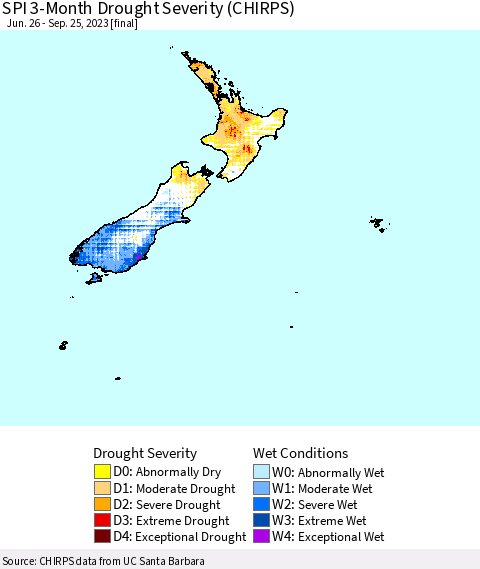New Zealand SPI 3-Month Drought Severity (CHIRPS) Thematic Map For 6/26/2023 - 9/25/2023