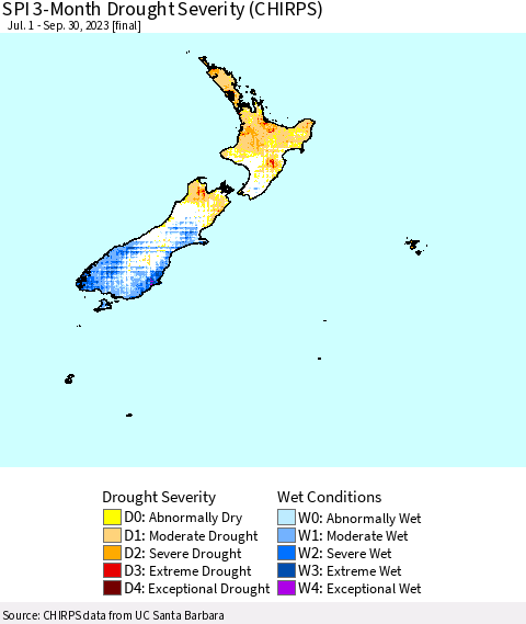 New Zealand SPI 3-Month Drought Severity (CHIRPS) Thematic Map For 7/1/2023 - 9/30/2023