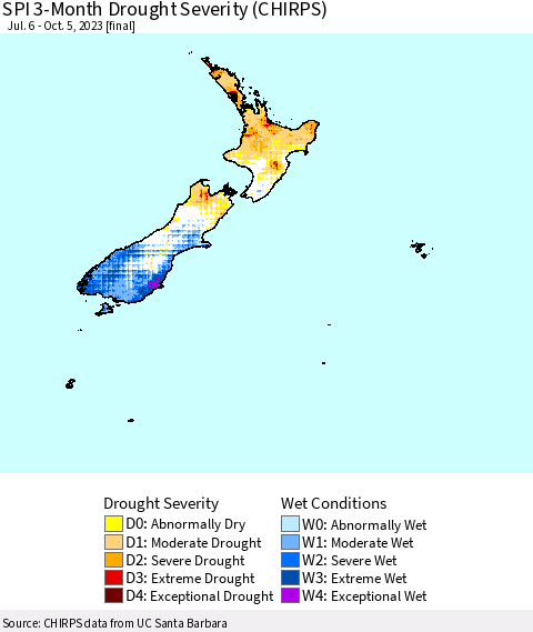 New Zealand SPI 3-Month Drought Severity (CHIRPS) Thematic Map For 7/6/2023 - 10/5/2023