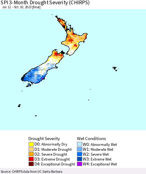 New Zealand SPI 3-Month Drought Severity (CHIRPS) Thematic Map For 7/11/2023 - 10/10/2023