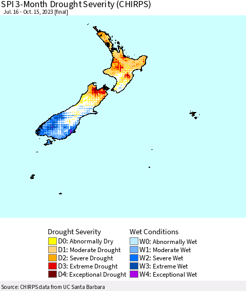 New Zealand SPI 3-Month Drought Severity (CHIRPS) Thematic Map For 7/16/2023 - 10/15/2023