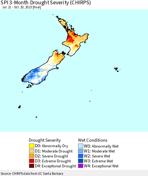 New Zealand SPI 3-Month Drought Severity (CHIRPS) Thematic Map For 7/21/2023 - 10/20/2023