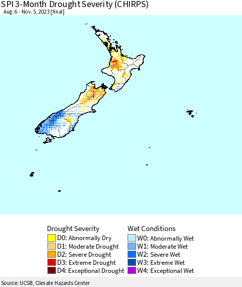 New Zealand SPI 3-Month Drought Severity (CHIRPS) Thematic Map For 8/6/2023 - 11/5/2023