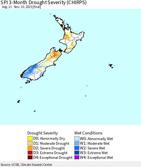 New Zealand SPI 3-Month Drought Severity (CHIRPS) Thematic Map For 8/11/2023 - 11/10/2023