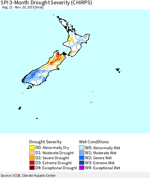 New Zealand SPI 3-Month Drought Severity (CHIRPS) Thematic Map For 8/21/2023 - 11/20/2023