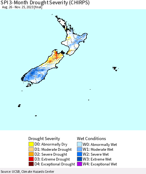 New Zealand SPI 3-Month Drought Severity (CHIRPS) Thematic Map For 8/26/2023 - 11/25/2023