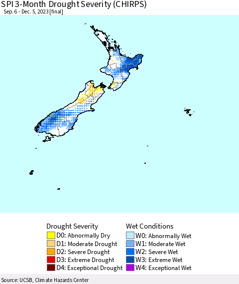 New Zealand SPI 3-Month Drought Severity (CHIRPS) Thematic Map For 9/6/2023 - 12/5/2023
