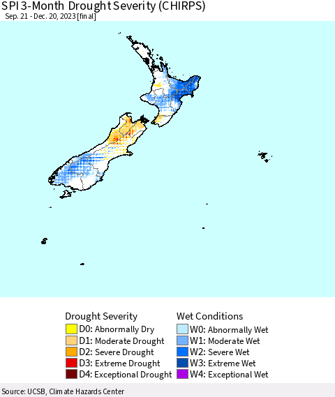 New Zealand SPI 3-Month Drought Severity (CHIRPS) Thematic Map For 9/21/2023 - 12/20/2023