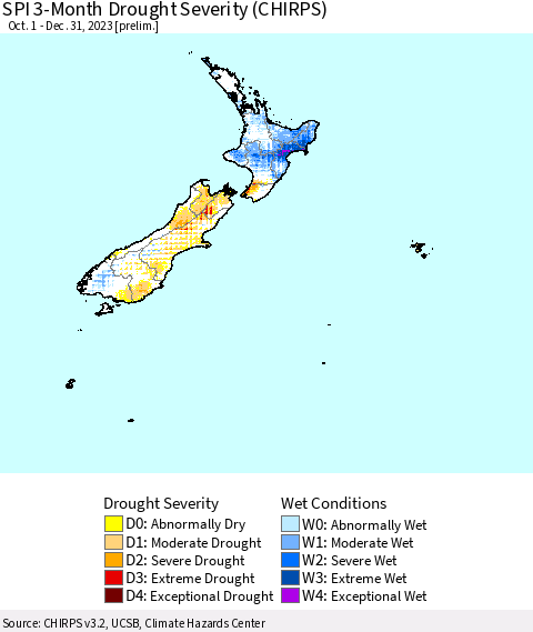 New Zealand SPI 3-Month Drought Severity (CHIRPS) Thematic Map For 10/1/2023 - 12/31/2023