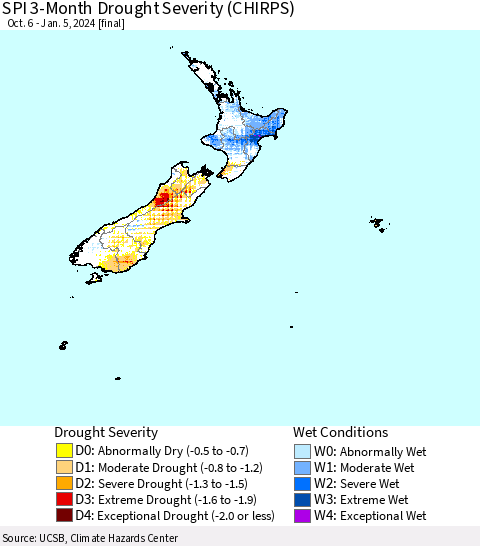 New Zealand SPI 3-Month Drought Severity (CHIRPS) Thematic Map For 10/6/2023 - 1/5/2024