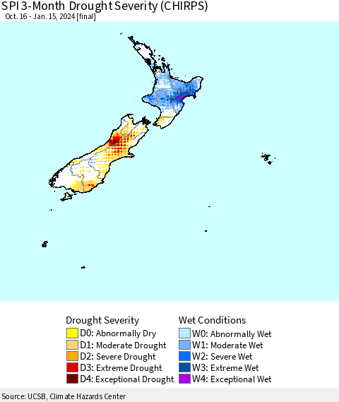 New Zealand SPI 3-Month Drought Severity (CHIRPS) Thematic Map For 10/16/2023 - 1/15/2024