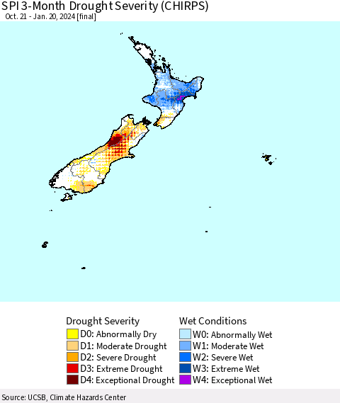 New Zealand SPI 3-Month Drought Severity (CHIRPS) Thematic Map For 10/21/2023 - 1/20/2024