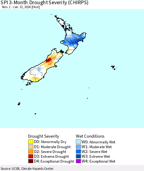 New Zealand SPI 3-Month Drought Severity (CHIRPS) Thematic Map For 11/1/2023 - 1/31/2024