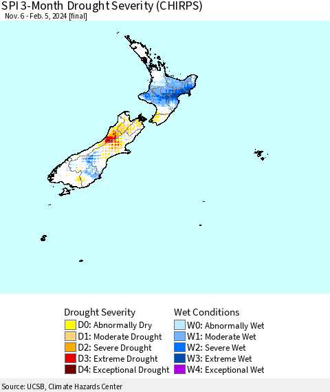 New Zealand SPI 3-Month Drought Severity (CHIRPS) Thematic Map For 11/6/2023 - 2/5/2024