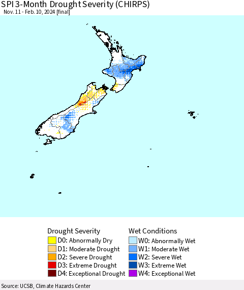 New Zealand SPI 3-Month Drought Severity (CHIRPS) Thematic Map For 11/11/2023 - 2/10/2024