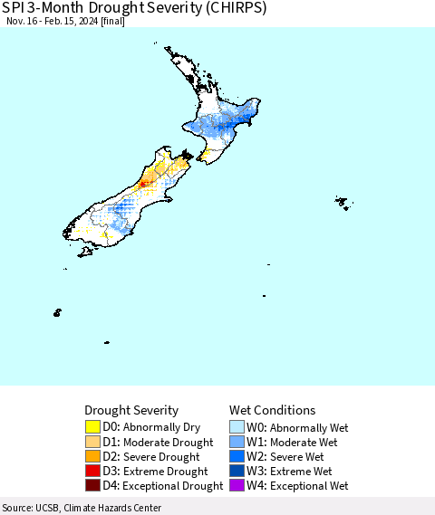 New Zealand SPI 3-Month Drought Severity (CHIRPS) Thematic Map For 11/16/2023 - 2/15/2024