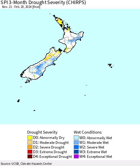 New Zealand SPI 3-Month Drought Severity (CHIRPS) Thematic Map For 11/21/2023 - 2/20/2024