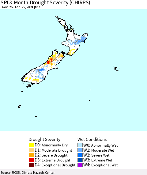 New Zealand SPI 3-Month Drought Severity (CHIRPS) Thematic Map For 11/26/2023 - 2/25/2024