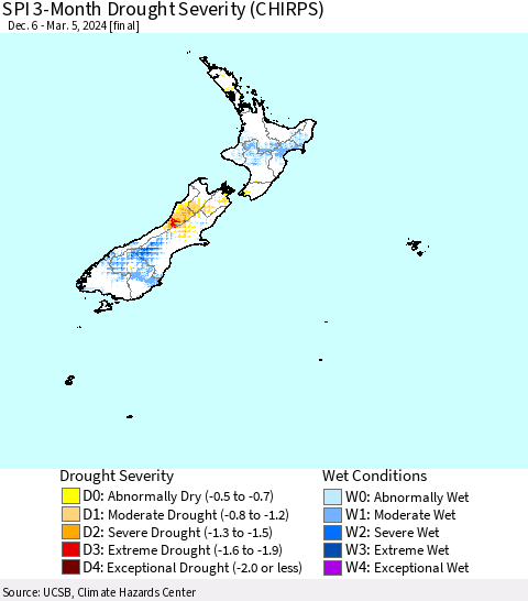 New Zealand SPI 3-Month Drought Severity (CHIRPS) Thematic Map For 12/6/2023 - 3/5/2024