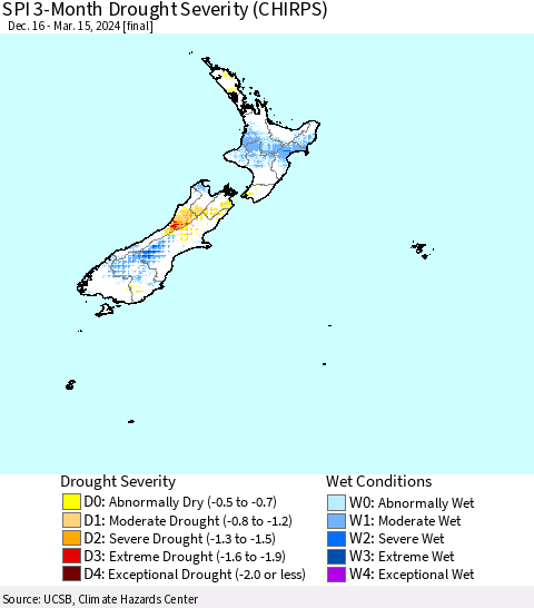 New Zealand SPI 3-Month Drought Severity (CHIRPS) Thematic Map For 12/16/2023 - 3/15/2024