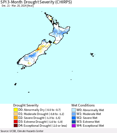 New Zealand SPI 3-Month Drought Severity (CHIRPS) Thematic Map For 12/21/2023 - 3/20/2024