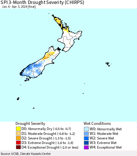 New Zealand SPI 3-Month Drought Severity (CHIRPS) Thematic Map For 1/6/2024 - 4/5/2024