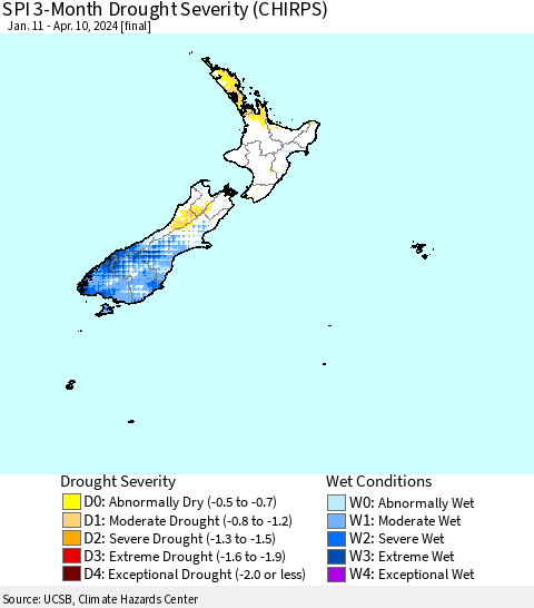 New Zealand SPI 3-Month Drought Severity (CHIRPS) Thematic Map For 1/11/2024 - 4/10/2024