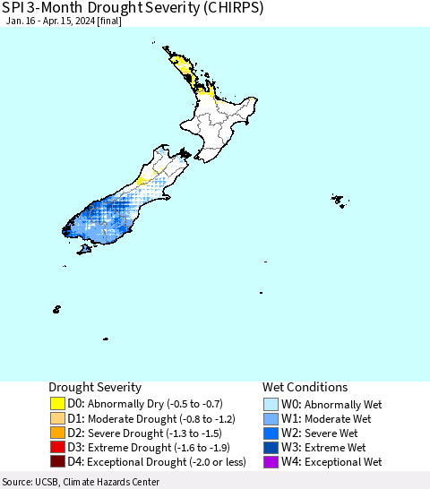 New Zealand SPI 3-Month Drought Severity (CHIRPS) Thematic Map For 1/16/2024 - 4/15/2024