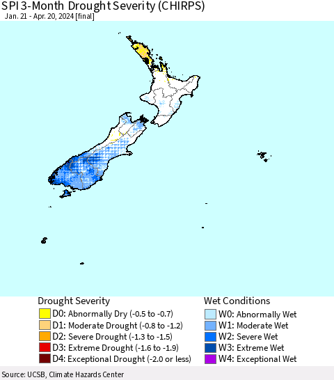 New Zealand SPI 3-Month Drought Severity (CHIRPS) Thematic Map For 1/21/2024 - 4/20/2024