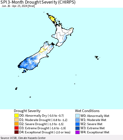 New Zealand SPI 3-Month Drought Severity (CHIRPS) Thematic Map For 1/26/2024 - 4/25/2024