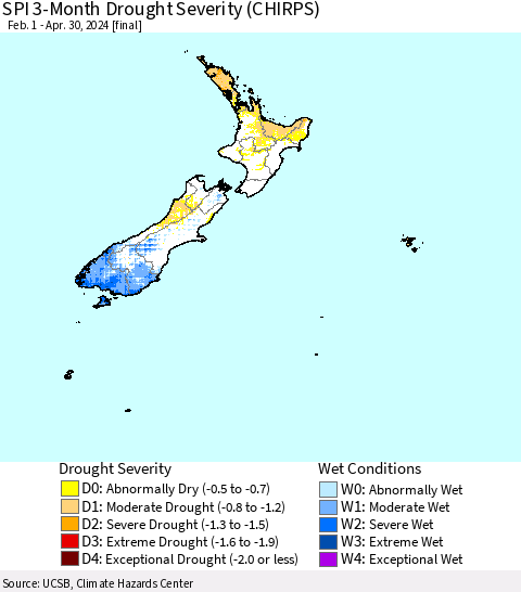 New Zealand SPI 3-Month Drought Severity (CHIRPS) Thematic Map For 2/1/2024 - 4/30/2024