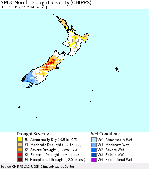 New Zealand SPI 3-Month Drought Severity (CHIRPS) Thematic Map For 2/16/2024 - 5/15/2024