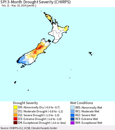 New Zealand SPI 3-Month Drought Severity (CHIRPS) Thematic Map For 2/21/2024 - 5/20/2024